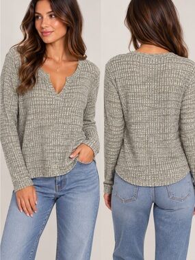 Socialite Olive Ribbed V-Notch Long Sleeve Sweater